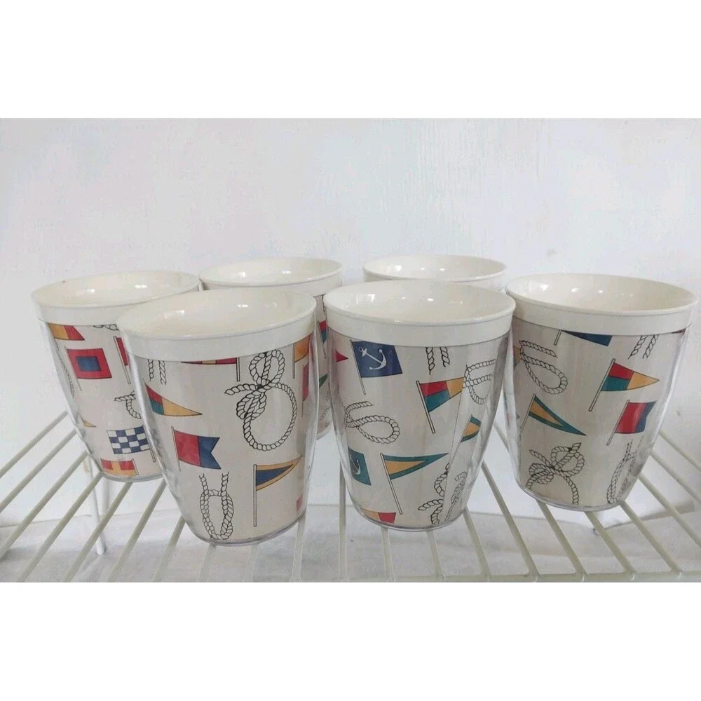1960s Nautical Theme Insulated Plastic Cups Boat Flags & Knots set of 6